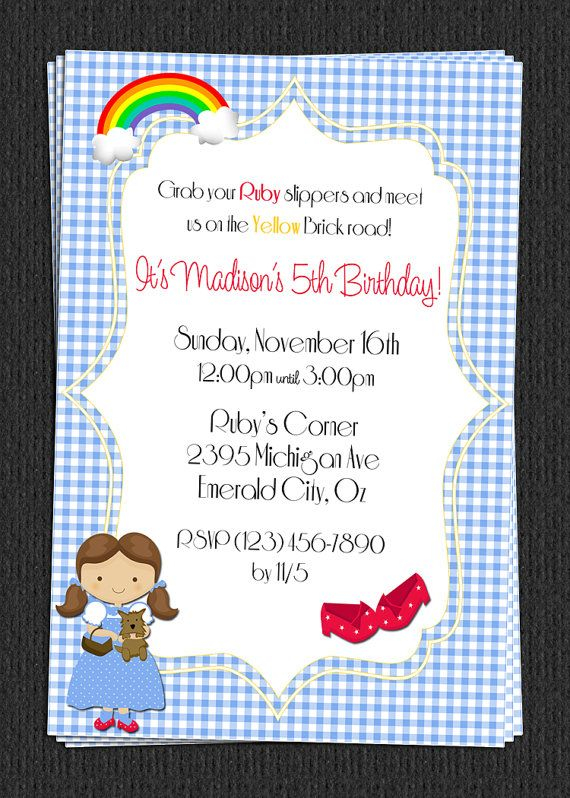 Custom Wizard Of Oz Dorothy Inspired Party Birthday Invitations DIY 