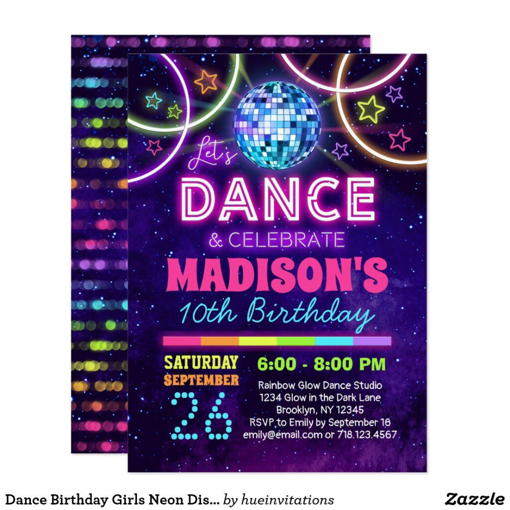 Dance Birthday Girls Neon Disco Dance Party Invitation Zazzle 