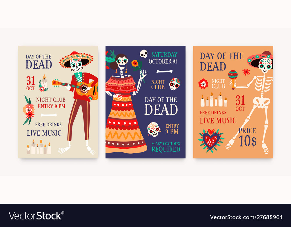 Day Dead Party Posters Templates Set Katrina Vector Image