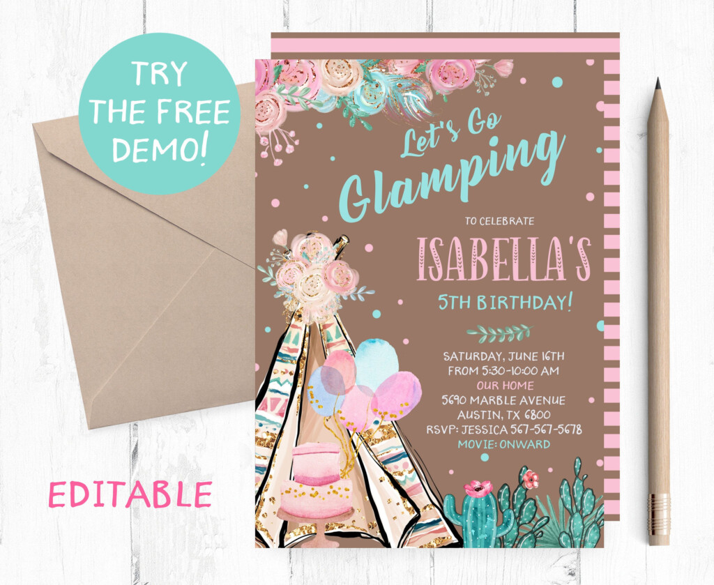 Editable Glamping Teepee Invitation Teepee Glamping Instant Etsy 