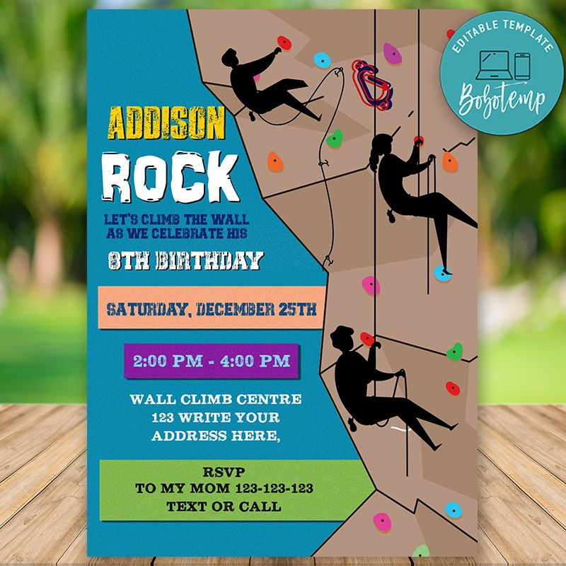 Editable Rock Climbing Birthday Invitations Instant Download Bobotemp