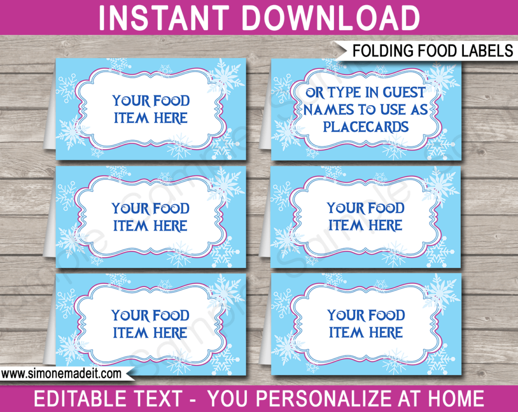 Frozen Party Food Labels Place Cards Winter Theme Birthday Party