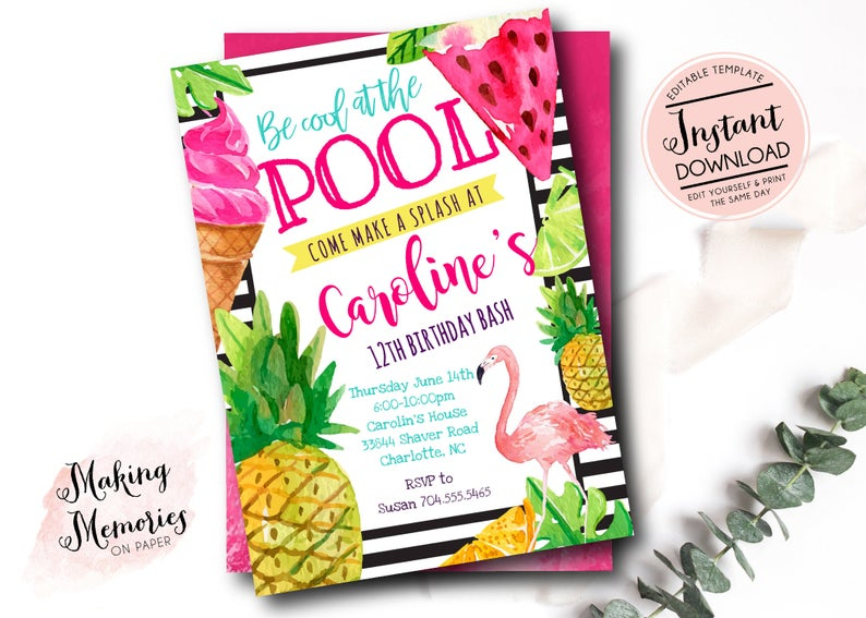 Fun Pool Party Invitations Edit Templates Print Corjl