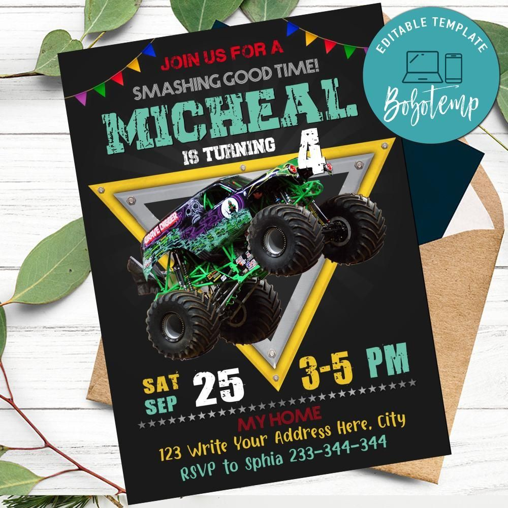 Printable Grave Digger Monster Truck Birthday Invitation DIY 