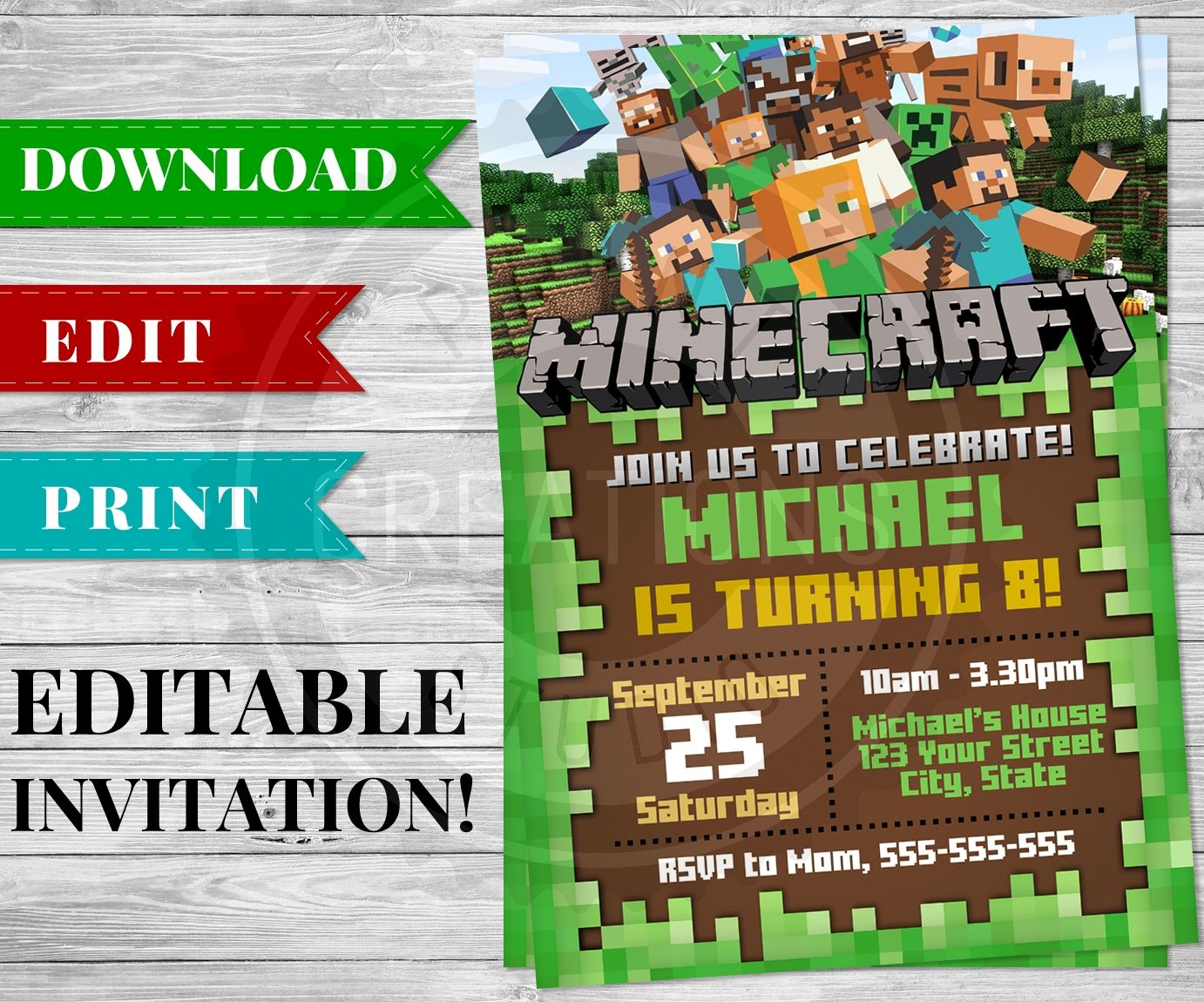 Printable Minecraft Invitation PDF Minecraft Birthday Party Supplies 