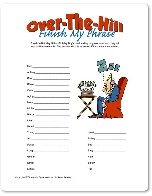 Printable Over The Hill Finish My Phrase 50th Birthday Party Games 