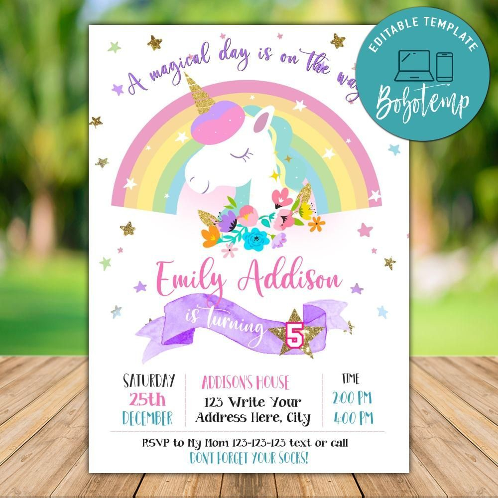 Printable Rainbow Unicorn 5th Birthday Invitation DIY Bobotemp