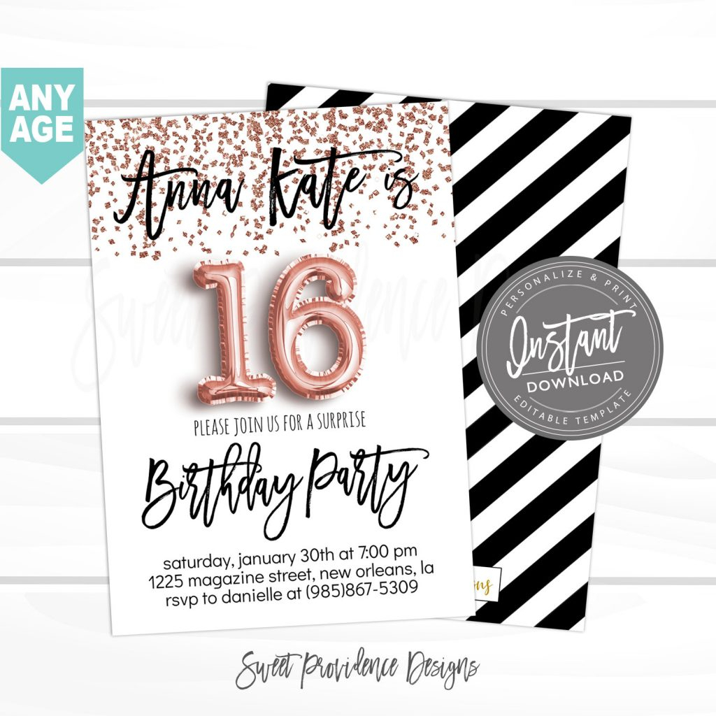 16th Birthday Invitation Editable Sweet 16 Birthday Party Invite 