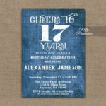 17th Birthday Invitations Blue Linen Rustic Cheers PRINTED Nifty