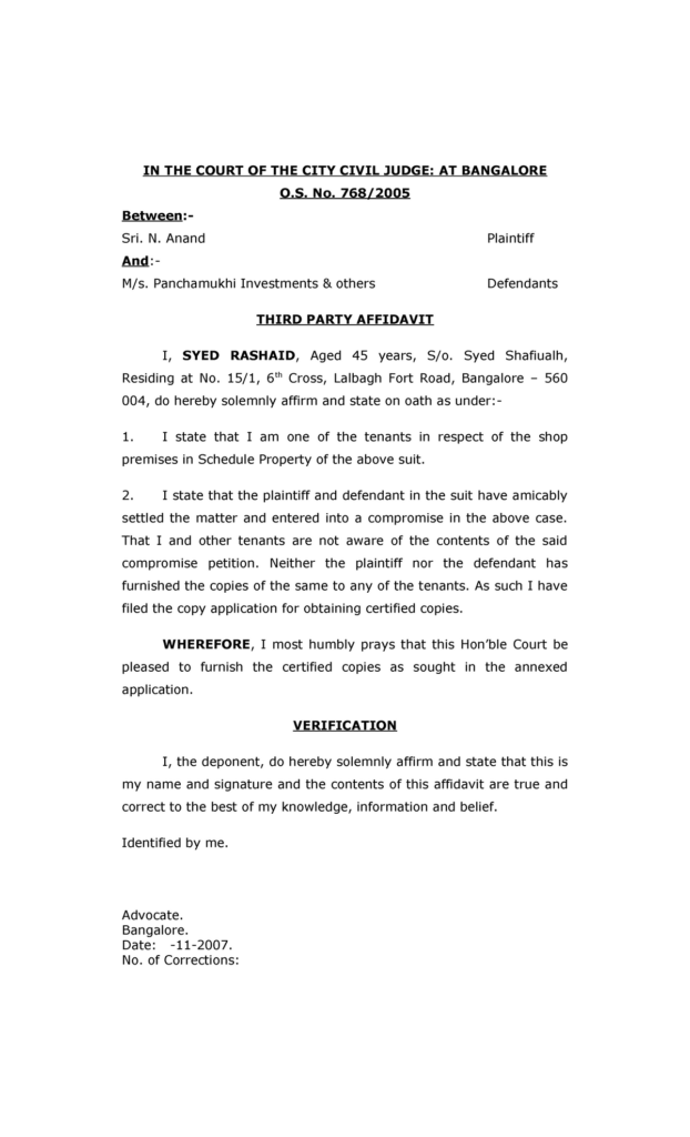 3rd Party Affidavit IN THE COURT OF THE CITY CIVIL JUDGE AT 