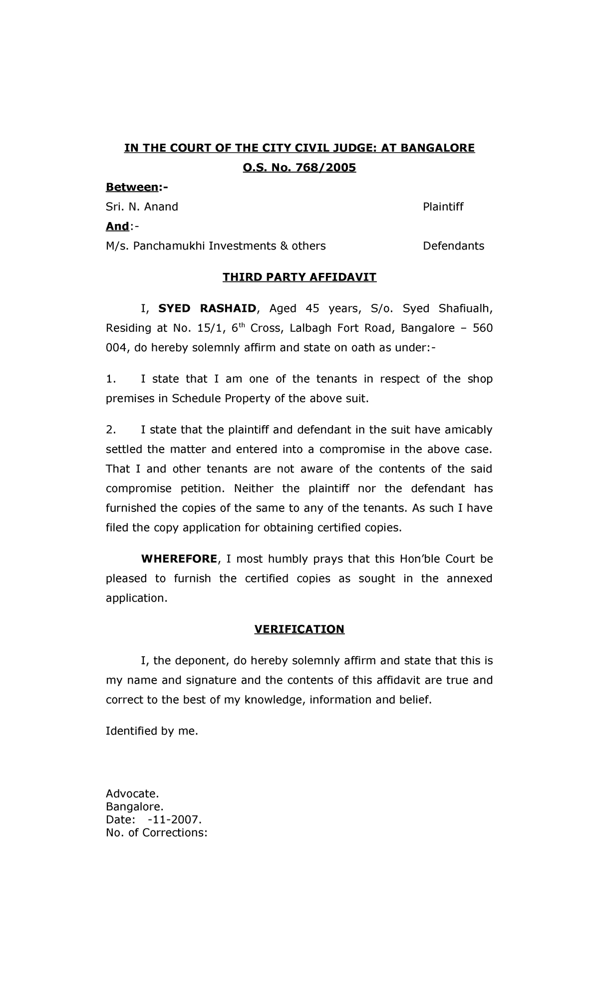 3rd Party Affidavit IN THE COURT OF THE CITY CIVIL JUDGE AT