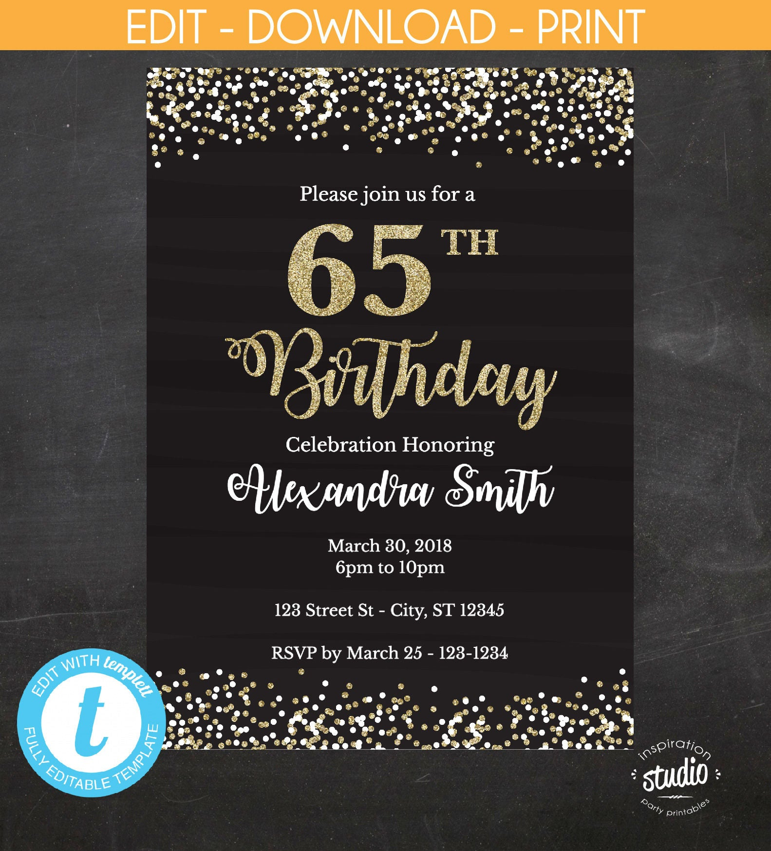 65th Birthday Invitation 65th Birthday Invite Black And Gold Etsy