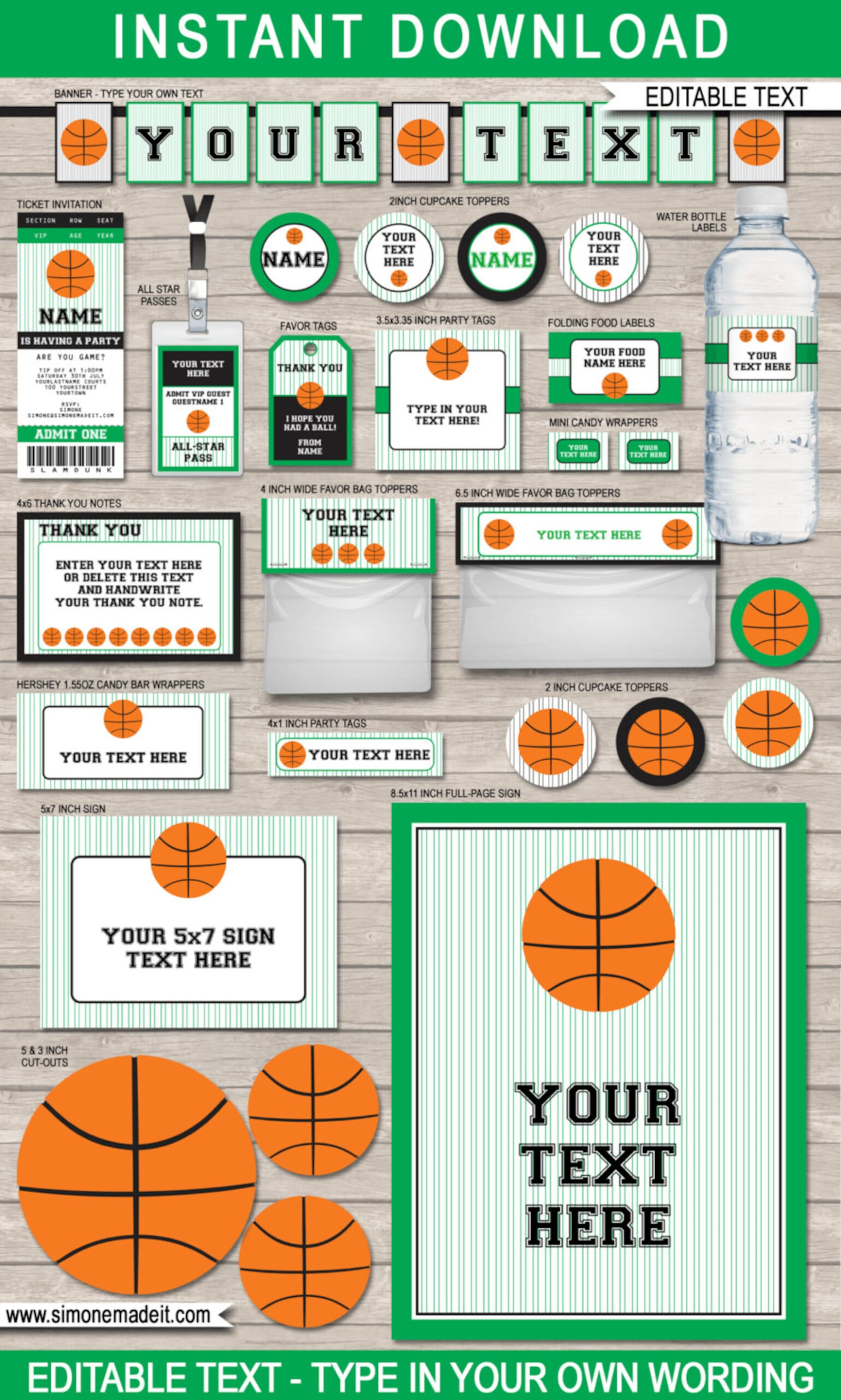 Basketball Party Printables Green Black Full Printable Etsy