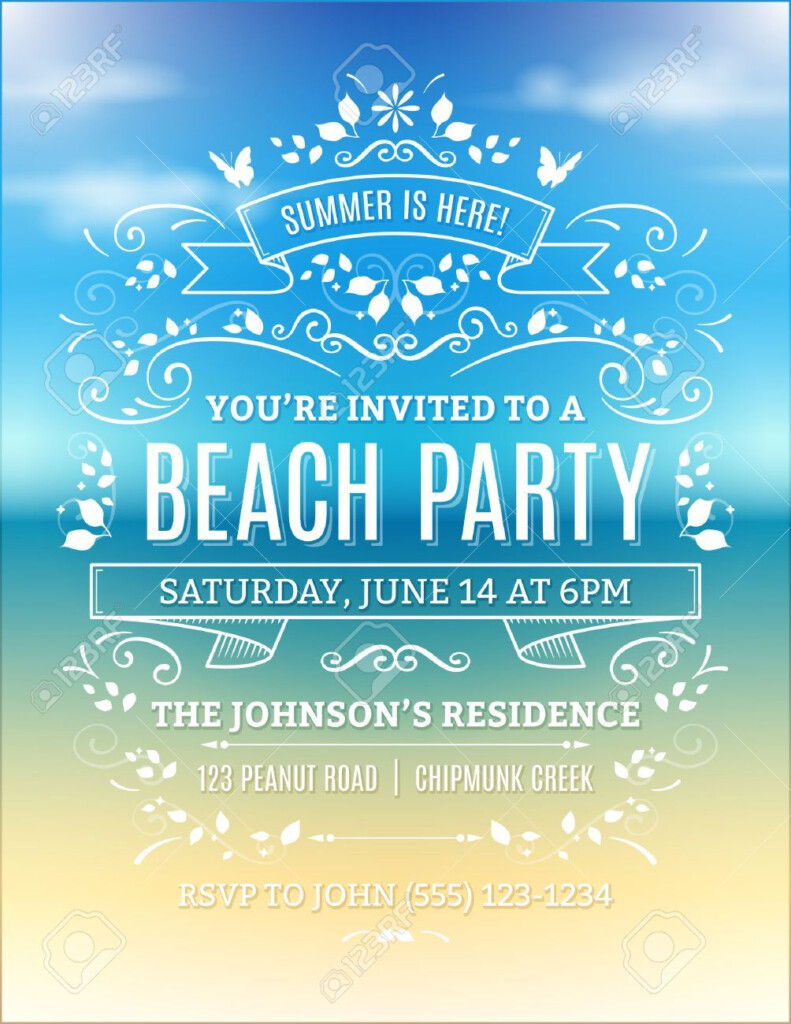 Beach Party Invitation With White Ornaments And Ribbons On A Blurry 