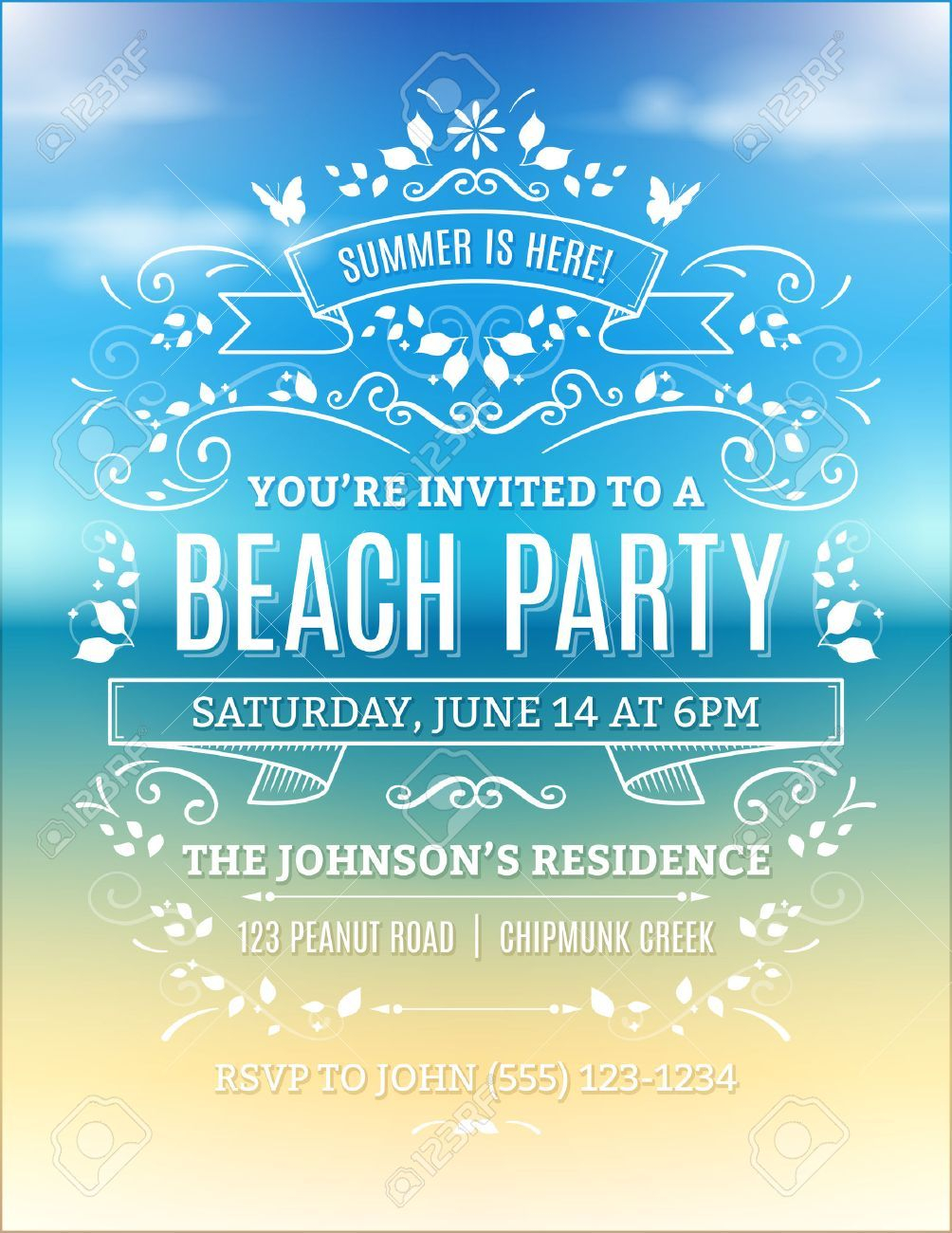 Beach Party Invitation With White Ornaments And Ribbons On A Blurry 