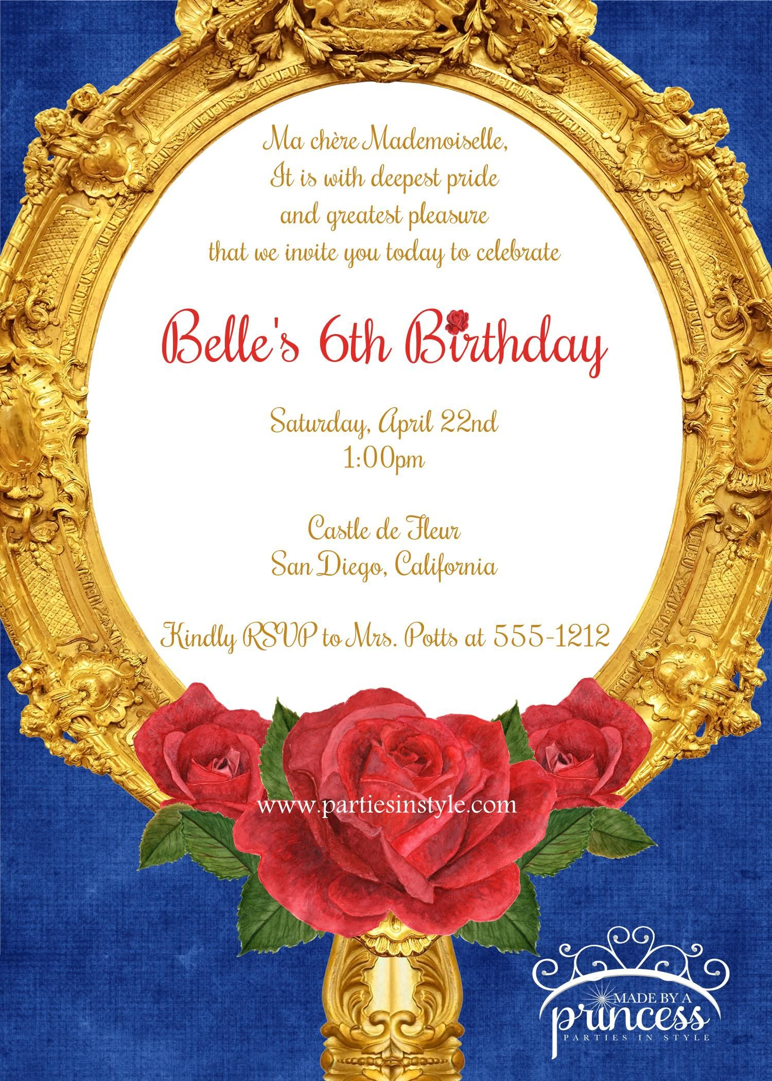 Beauty And The Beast Inspired Birthday Party Printable Invitation 