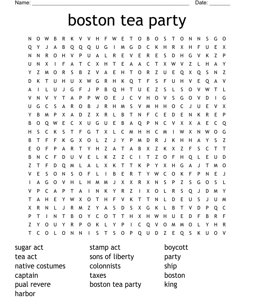 Boston Tea Party Word Search WordMint