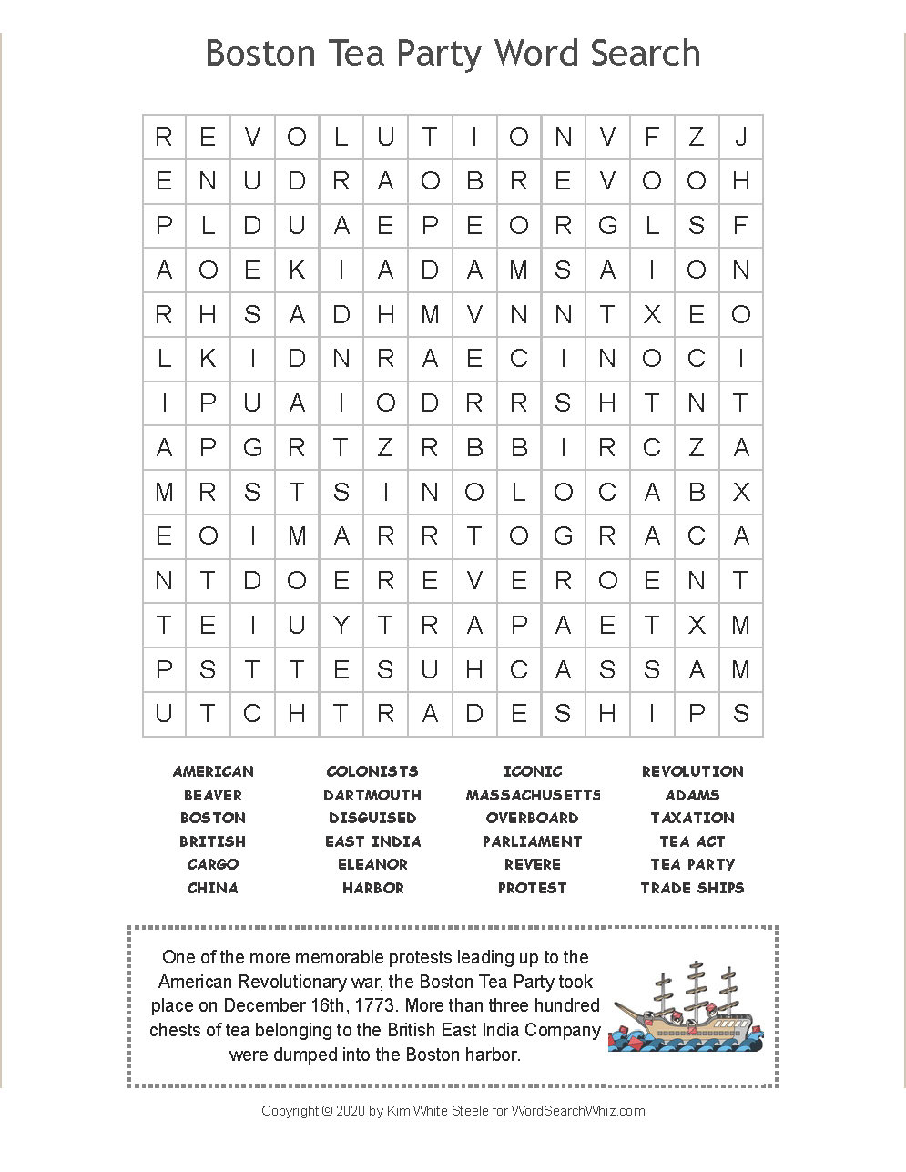 Boston Tea Party Word Search