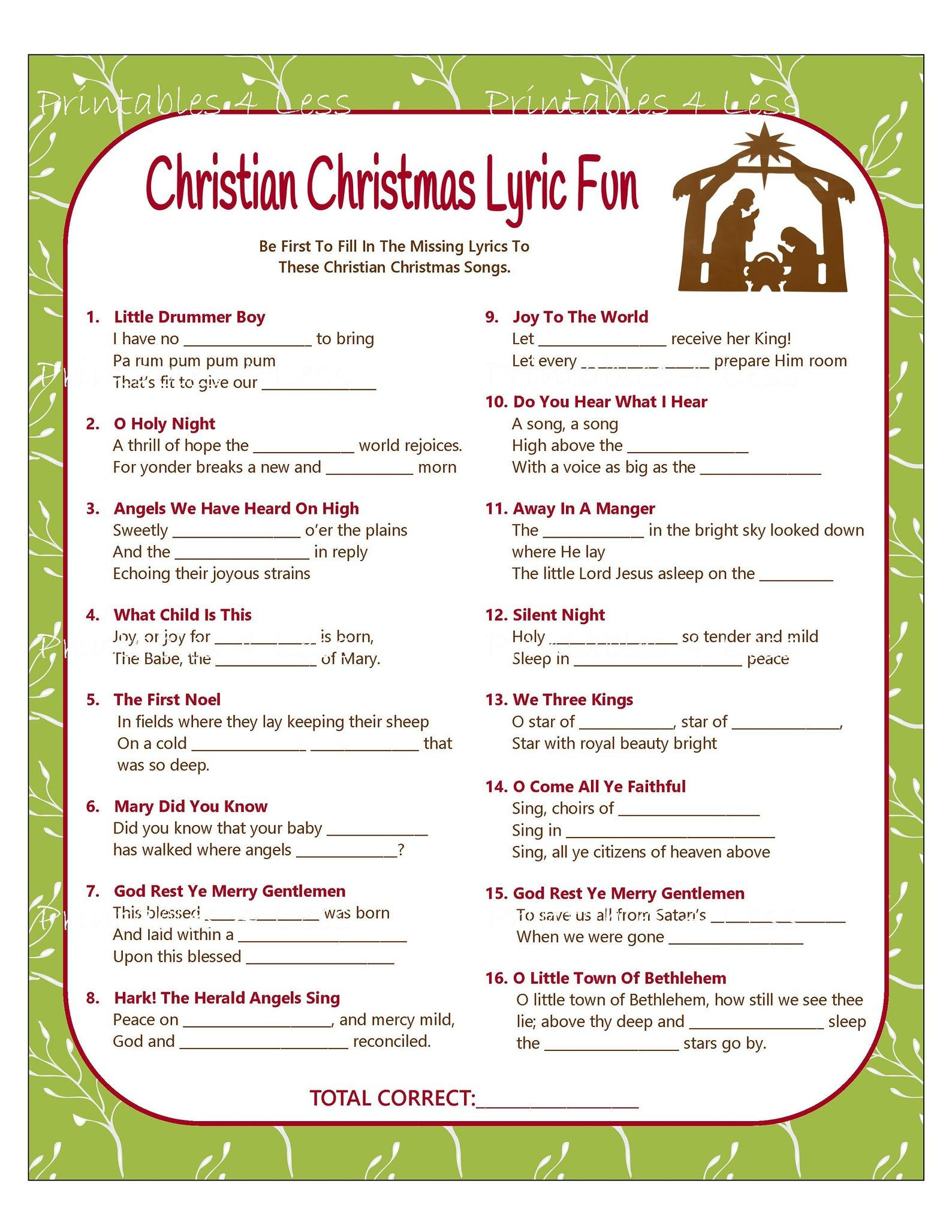 Christian Christmas Game Printable Christmas Song Game Etsy