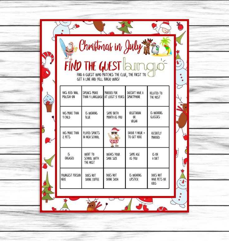 Christmas In July Find The Guest Bingo Ice Breaker Party Game For 