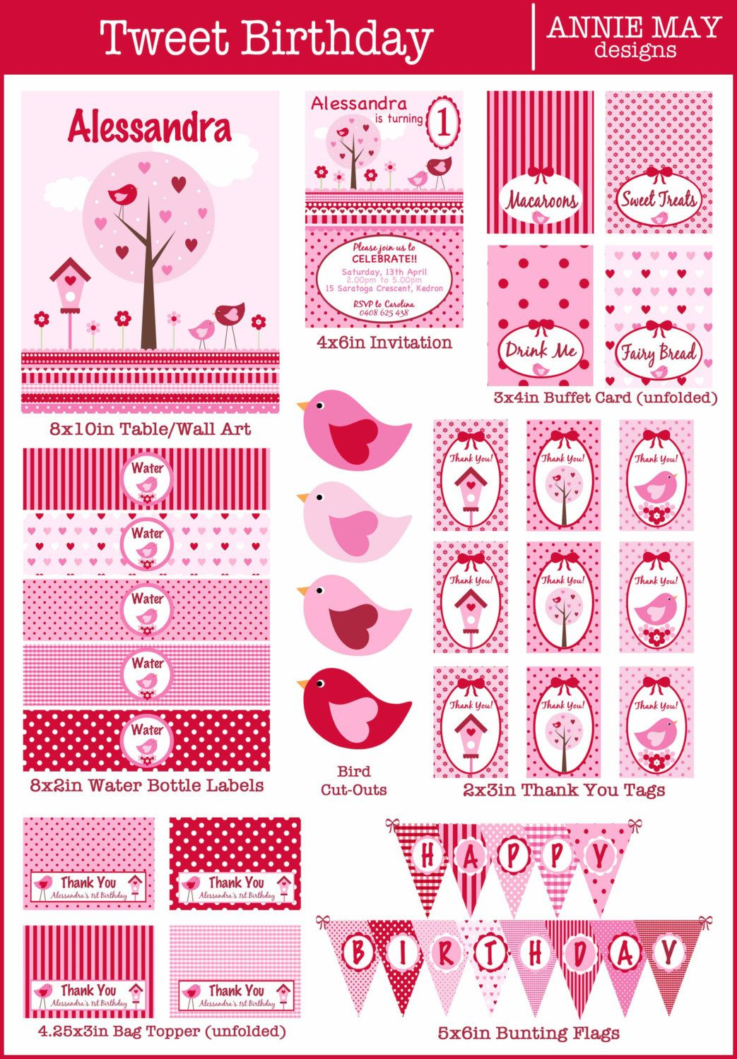 Customised Tweet Party Printable Pack In Red Pink DIY Printable