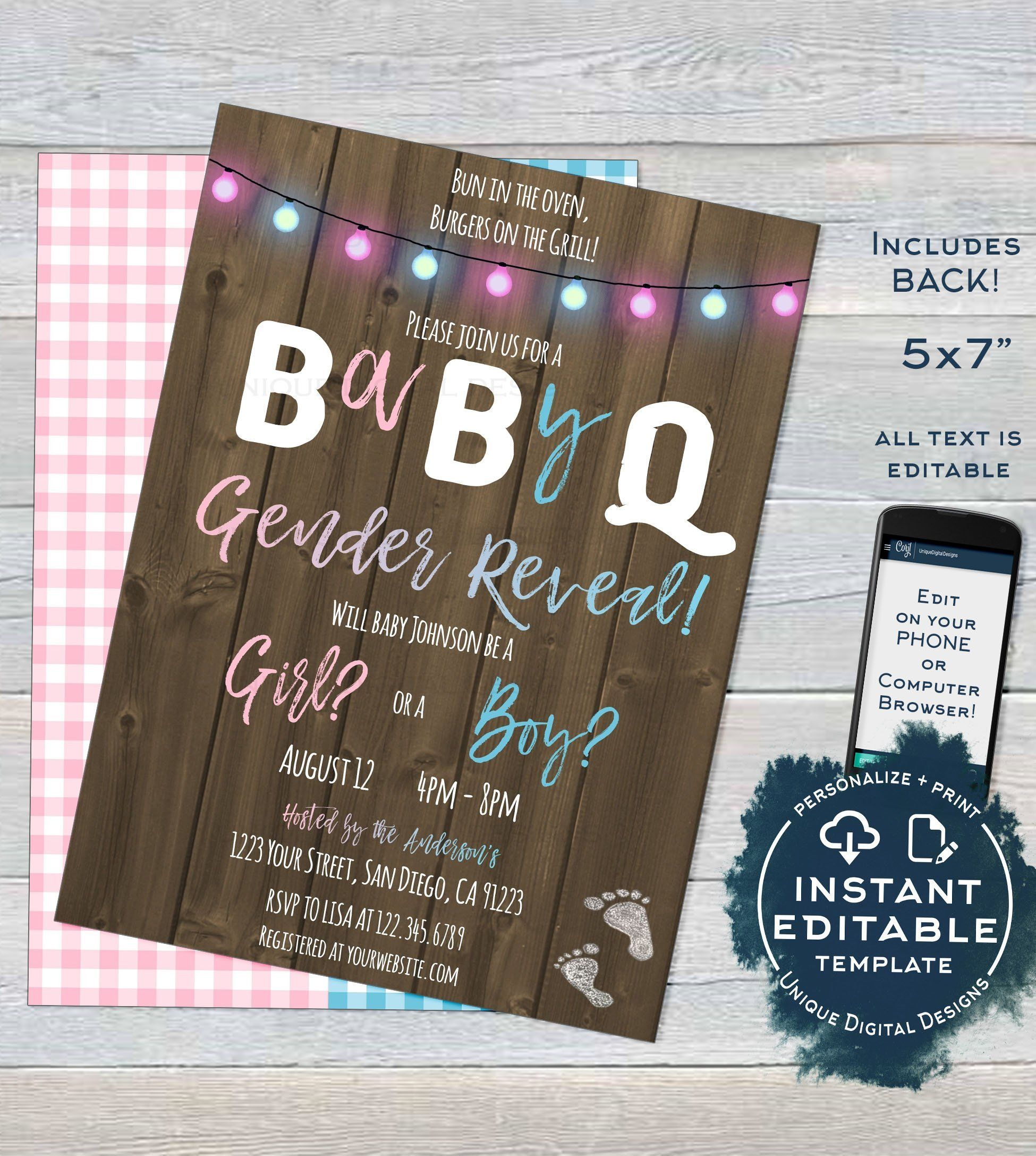 Cute Rustic BaByQ Gender Reveal Invitation Blue Or Pink What Do You