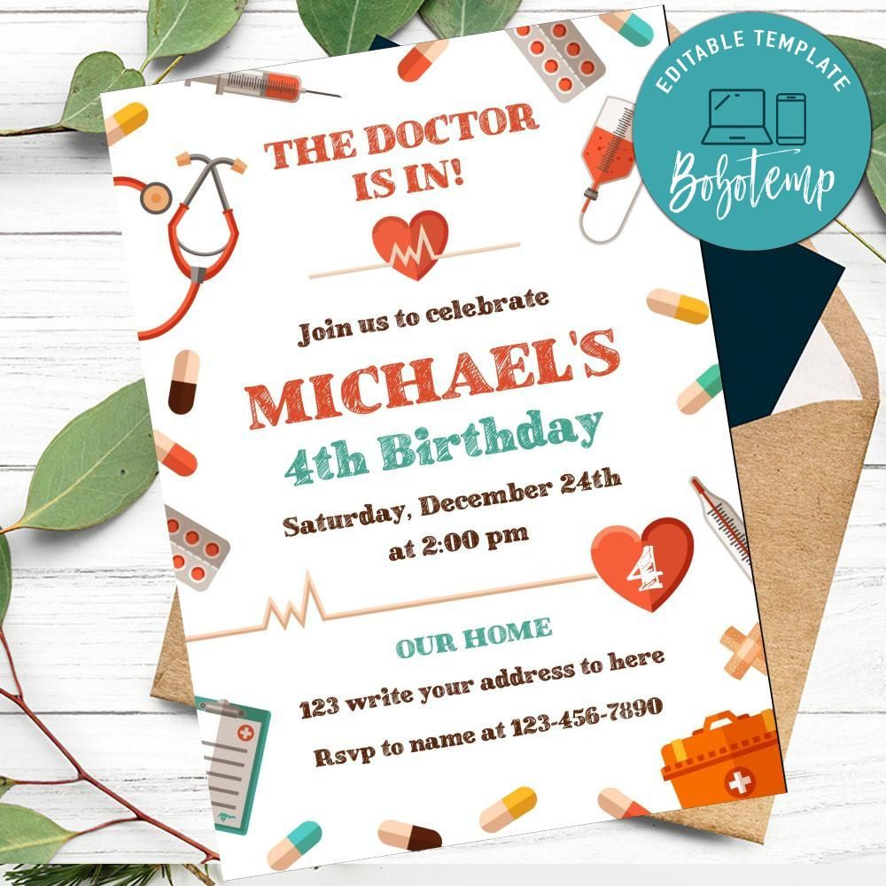 Doctor Birthday Party Invitation Customizable Template Bobotemp