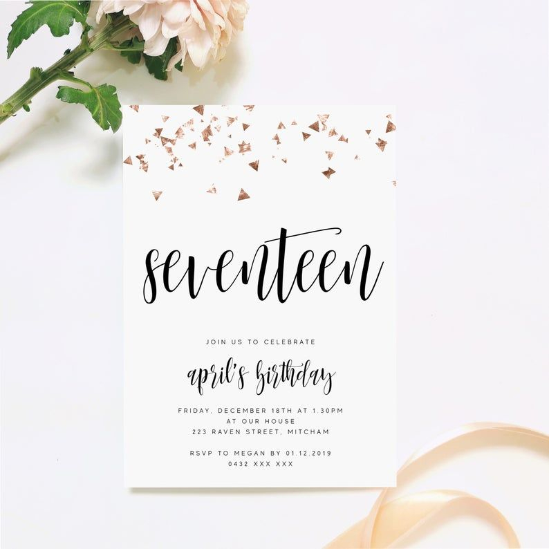 Editable Rose Gold 17th Birthday Party Invitation Download Etsy