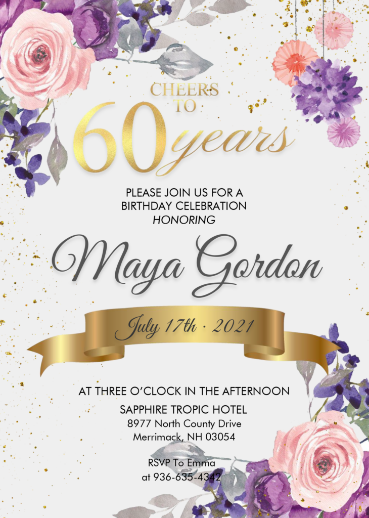 Floral 60th Birthday Invitation Templates Editable With MS Word 