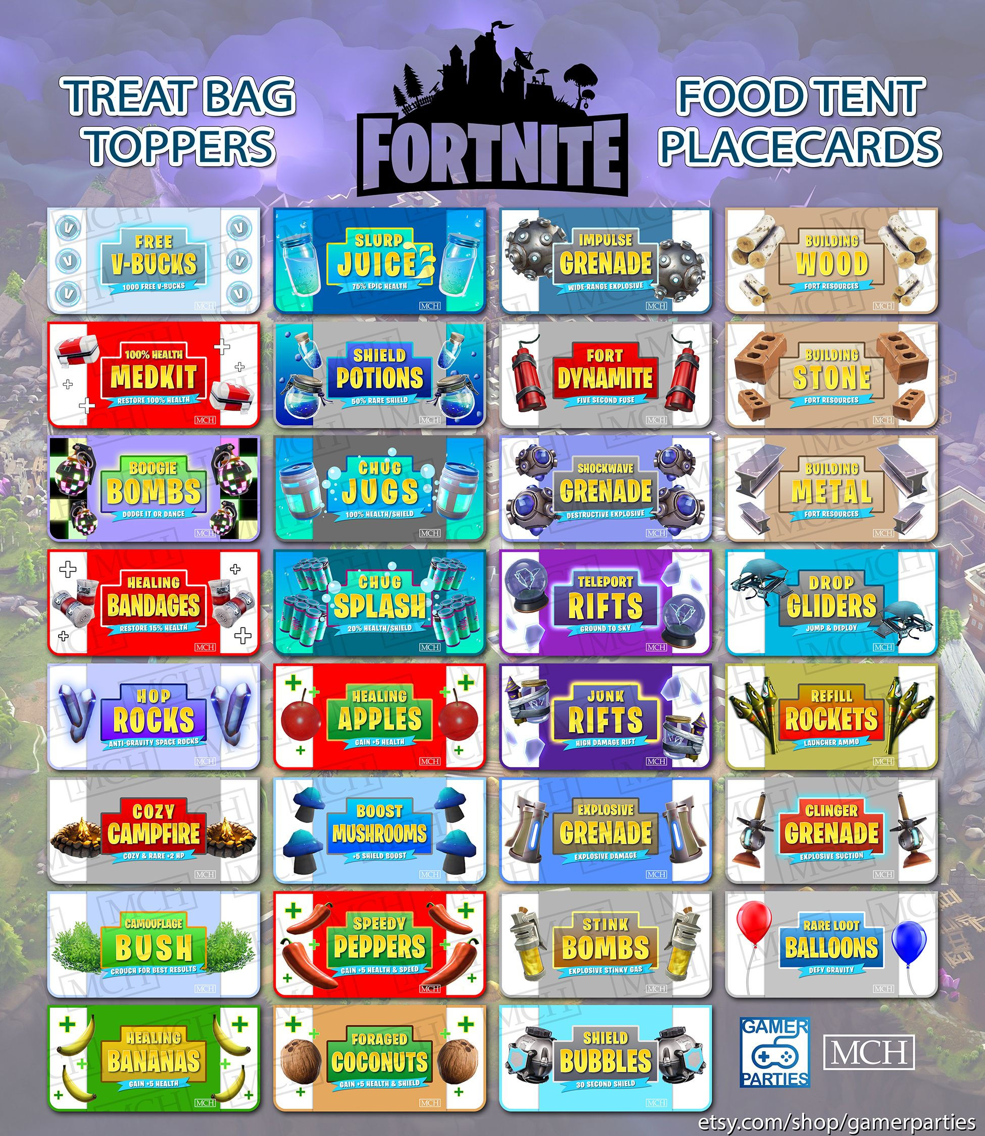 FORTNITE Treat Bag Topper Placecards Food Tents Candy Wrapper Labels 