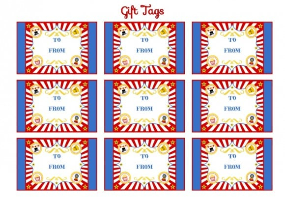 Free circus birthday party printable gift tags The Catch My Party 