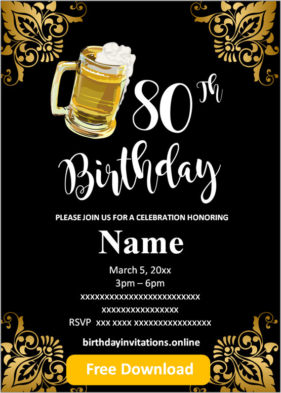 FREE Printable 80th Birthday Invitations Templates Party Invitation