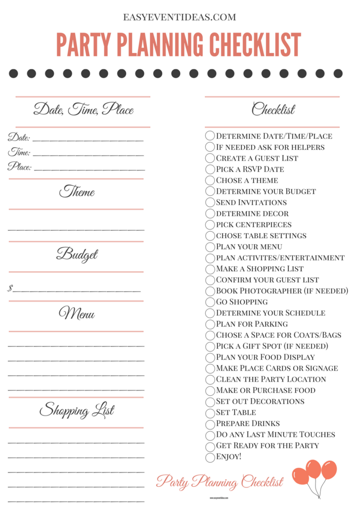 Free Printable Easy Event Ideas Party Planning Checklist Party 
