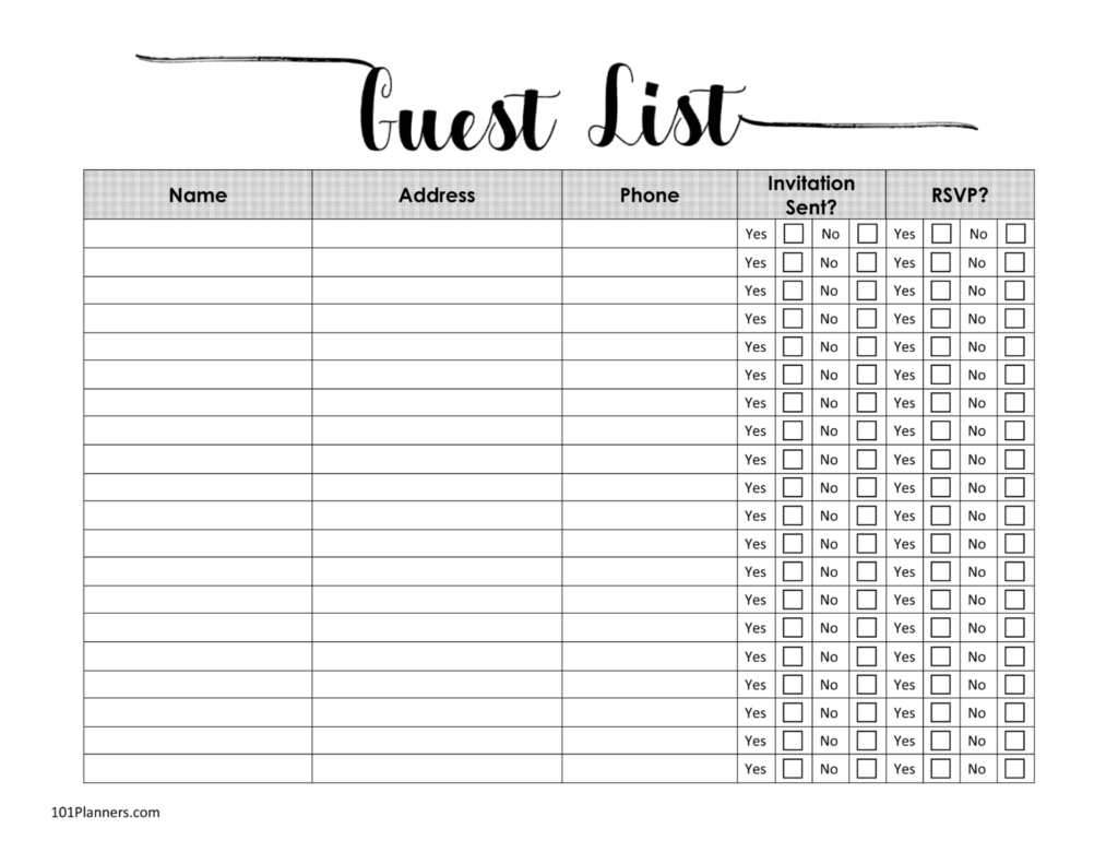 Free Printable Guest List Template Printable World Holiday