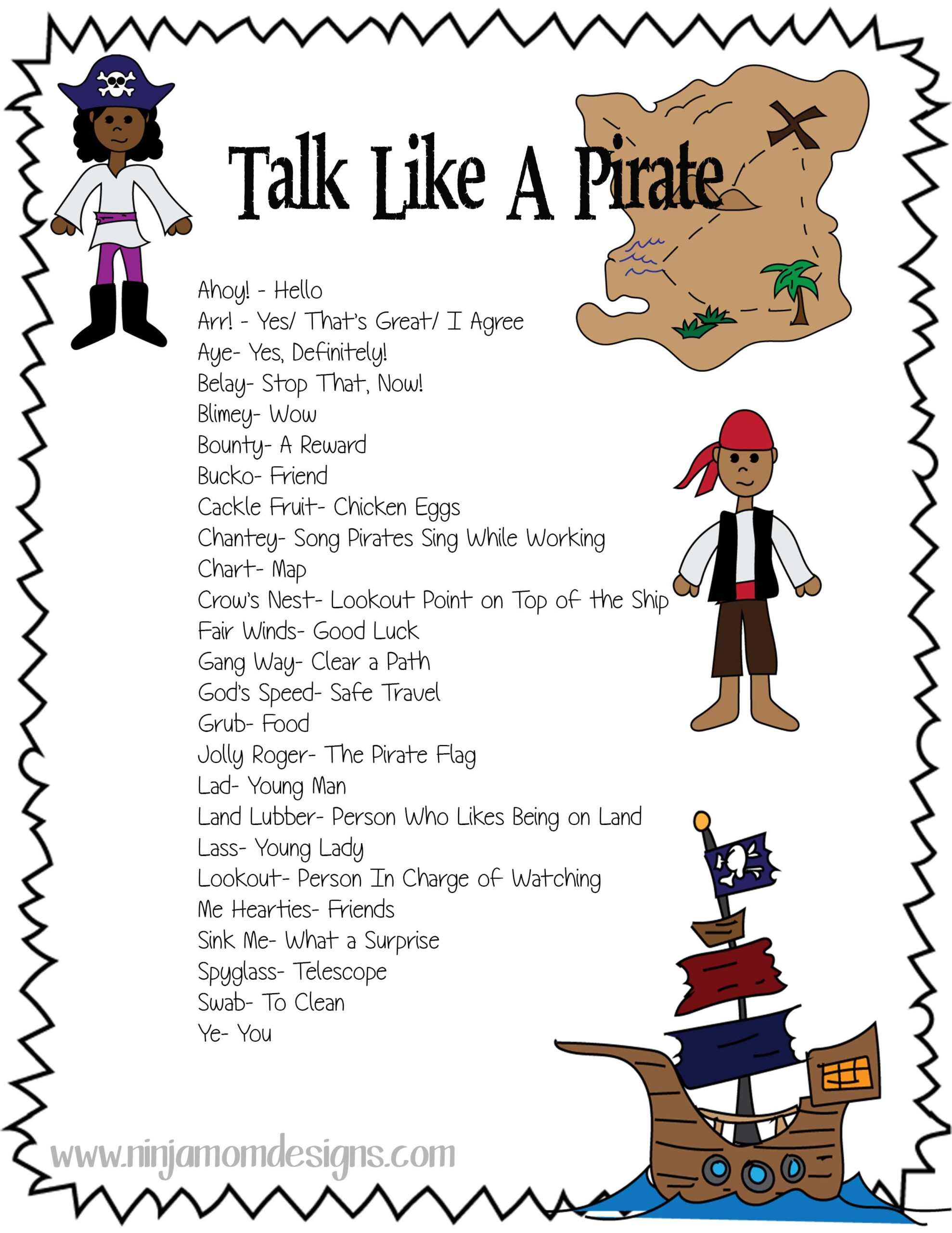 FREE Talk Like A Pirate Sheet Pirate Activities Preschool Pirate 