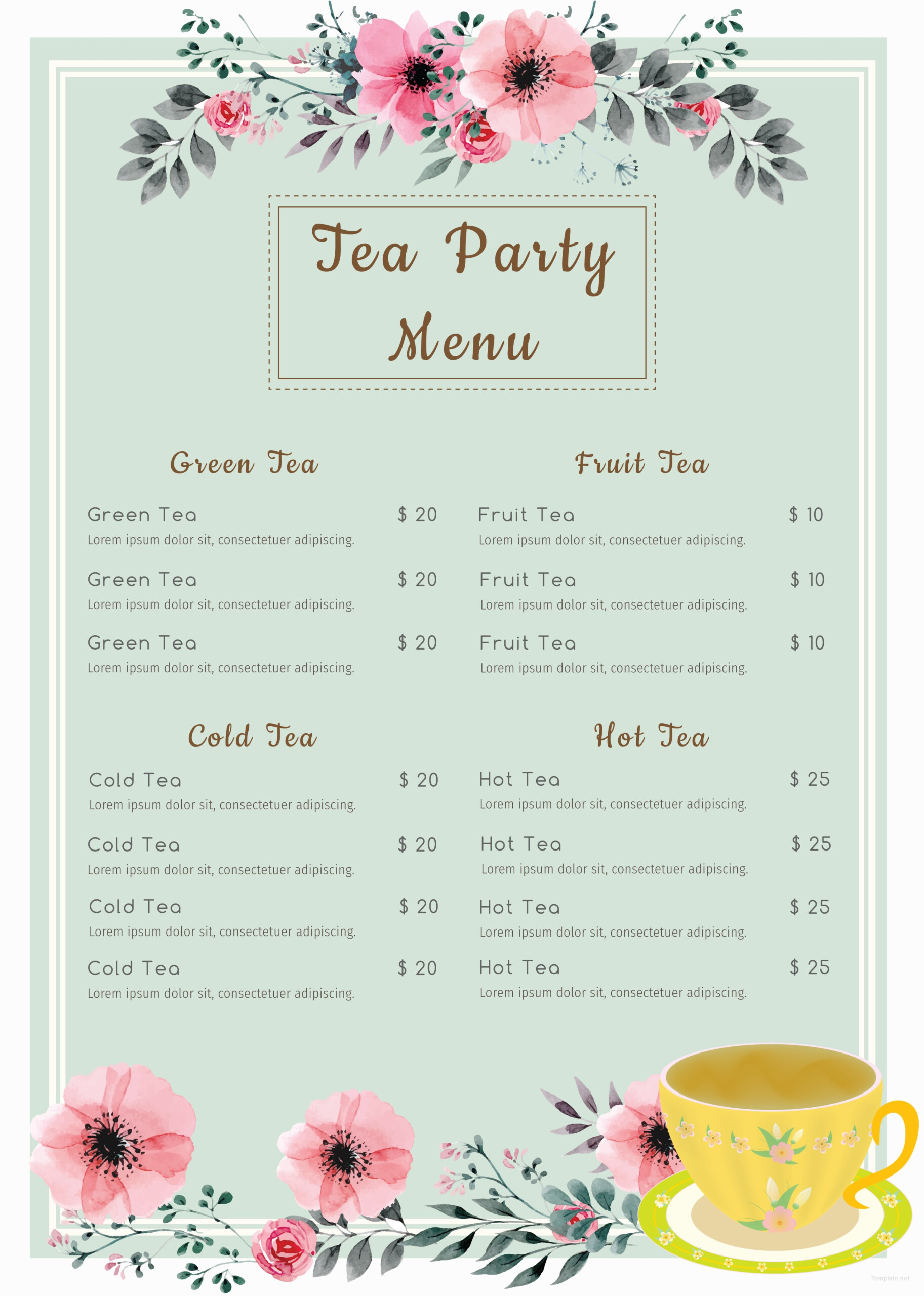 Free Tea Party Menu Template In Adobe Photoshop Illustrator Microsoft