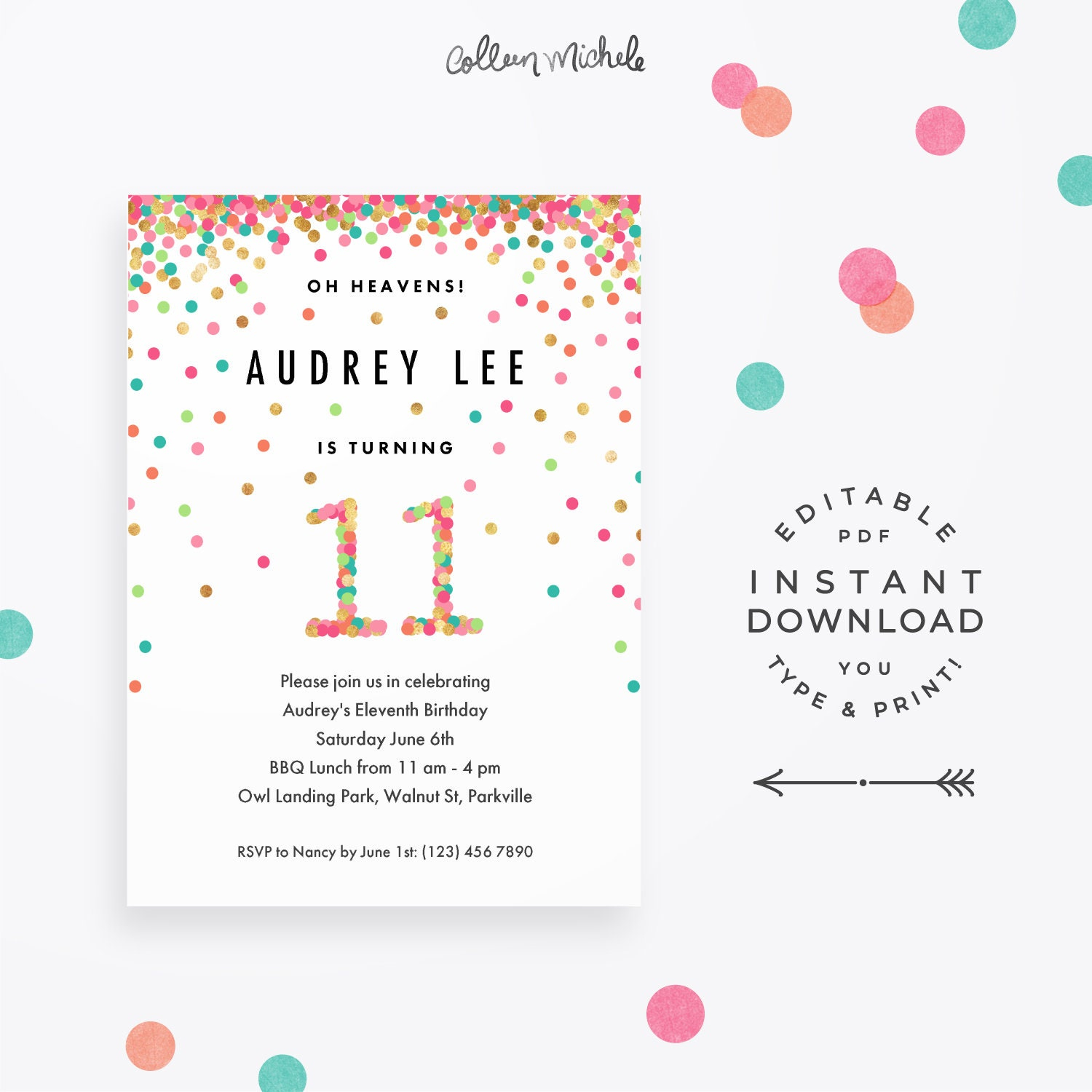 Girl 11th Birthday Invitation Instant Download Printable