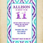 Girl 11th Birthday Party Invitation Purple Aqua By