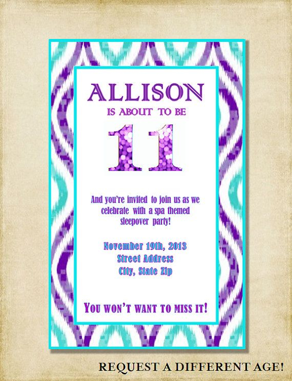 Girl 11th Birthday Party Invitation Purple Aqua By 