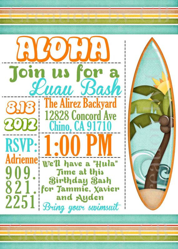 Luau Bash Invitation Birthday Invitation Potluck Party Invite BBQ 