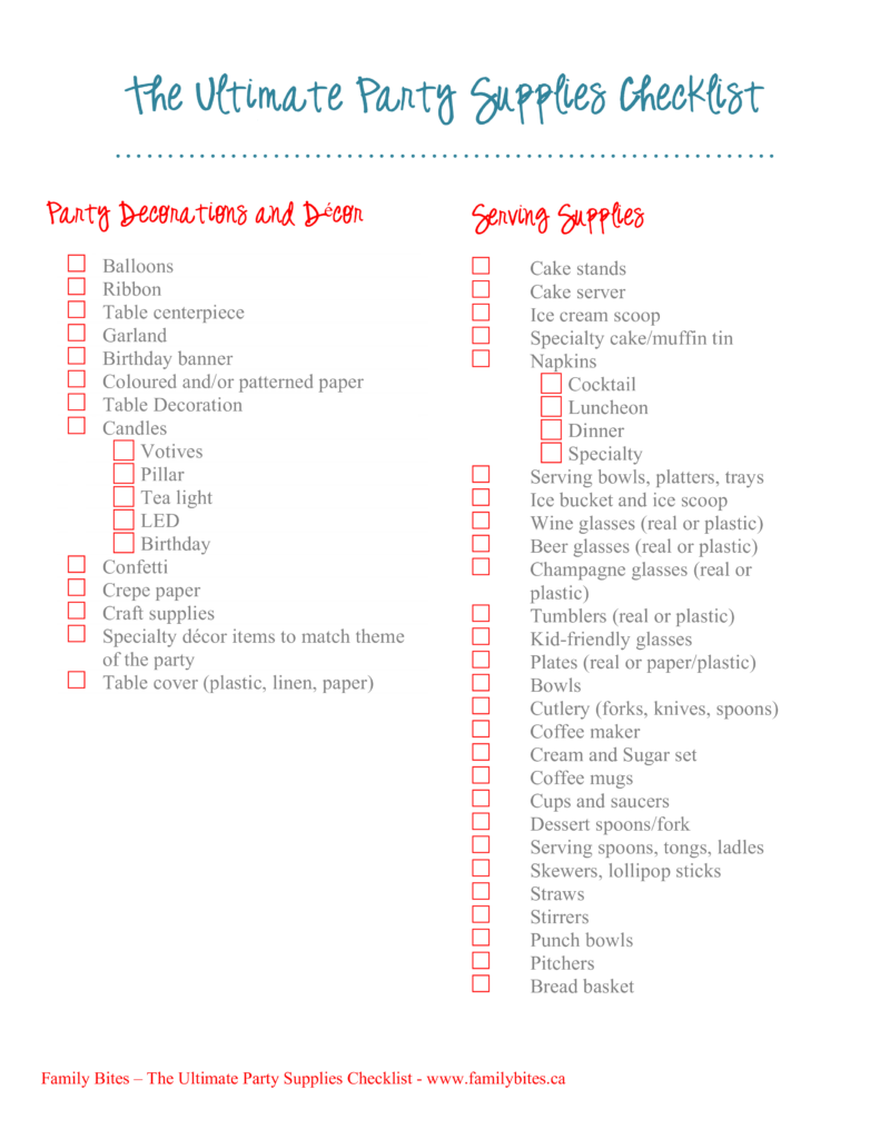 Party Supplies Checklist Templates At Allbusinesstemplates