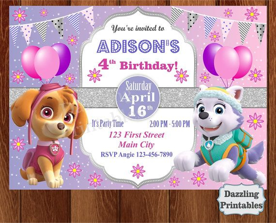 PAW PATROL Girl Birthday Party Invitation Skye Everest Digital Invite 