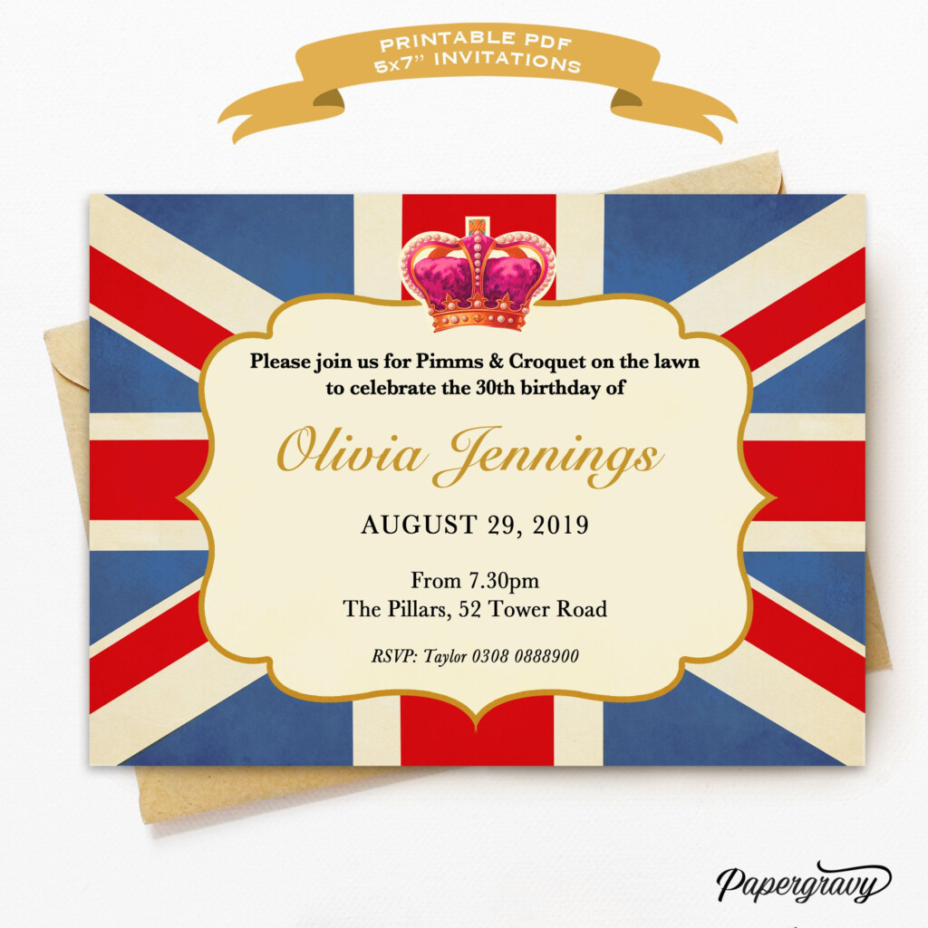 Printable PDF Royal British Theme Birthday Party Invitation Download 