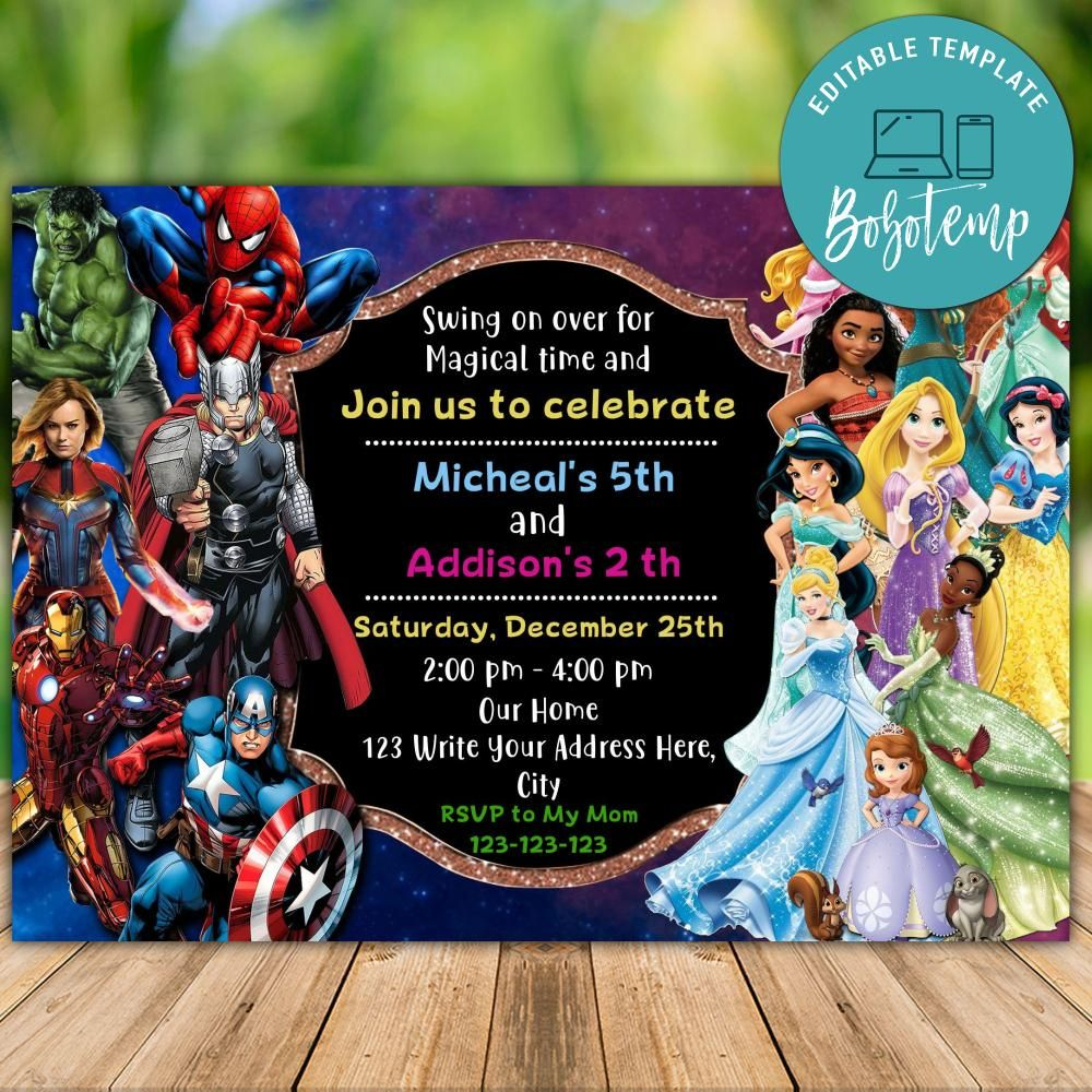 Printable Superhero And Princess Joint Birthday Invitation DIY 