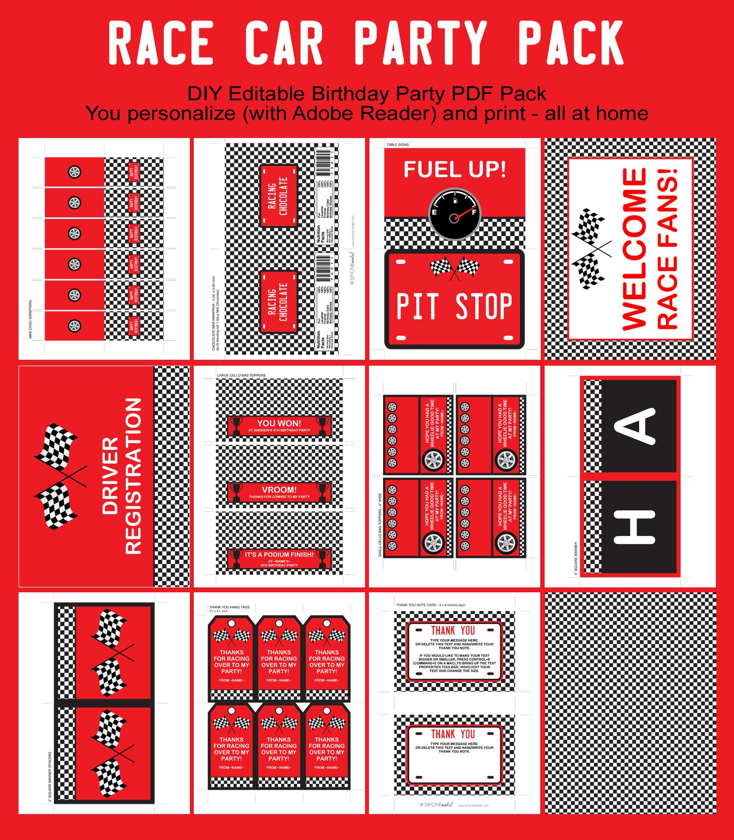 Race Car Party Printables Invitations Decorations Red Race Car