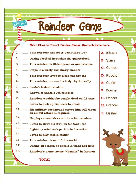 Reindeer Game Printable Christmas Game For Party DIY Holiday Etsy