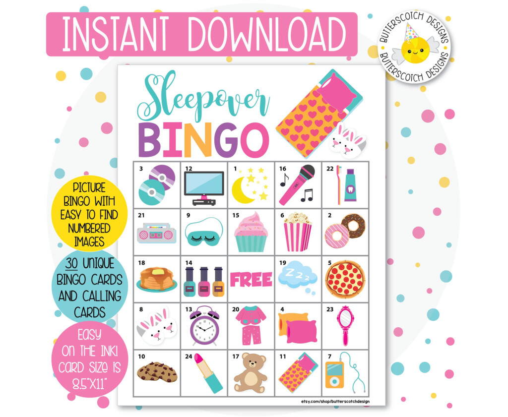 Sleepover Slumber Party Printable Bingo Cards 30 Different