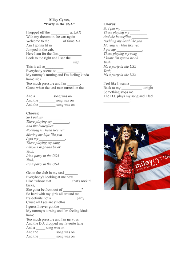 Song Worksheet Party In The USA By Miley Cyrus