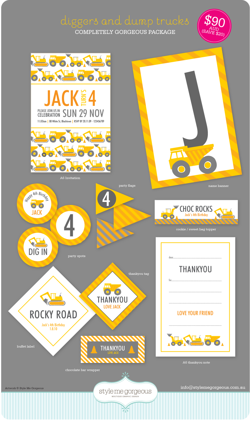 Style Me Gorgeous Printable Party Decor Diggers Dump Trucks