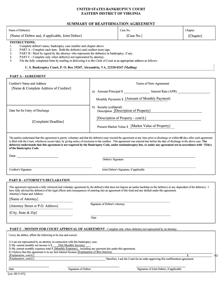 SUMMARY Of REAFFIRMATION AGREEMENT Form Fill Out And Sign Printable 